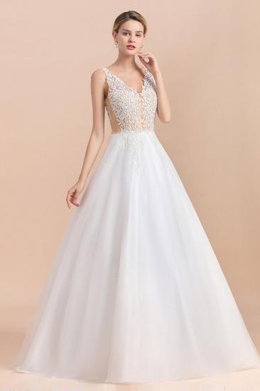 Elegant V-Neck Floral Lace A-line Wedding Dress Beach Sleeveless Tulle Church Dress_9