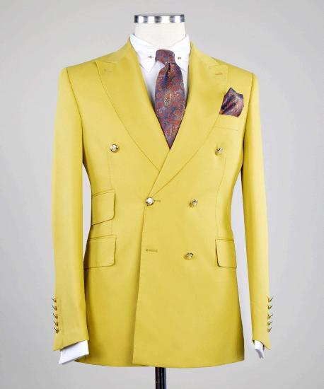 Yellow Peaked Lapel Double Breasted Two Pieces Men Suits_3