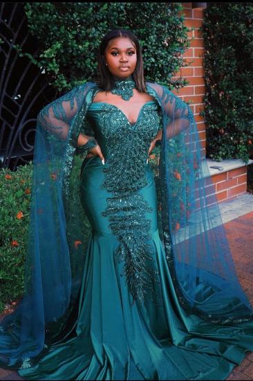 Glamorous Mermaid Evening Gowns Long Sleeve Appliques Floor Length Cape