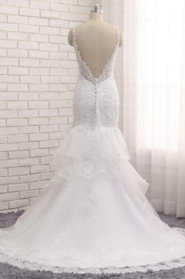Bradyonlinewholesale Elegant V-neck White Mermaid Wedding Dresses Sleeveless Lace Bridal Gowns With Appliques On Sale_2