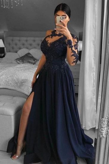 Navy Side Slit Long Sleeve Prom Dress | Long Lace Prom Dresses_1