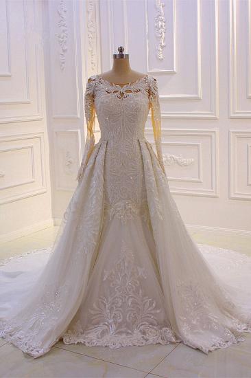 Elegant Jewel Long Sleeves Tulle Lace Sparkle Ivory Wedding Dress_1