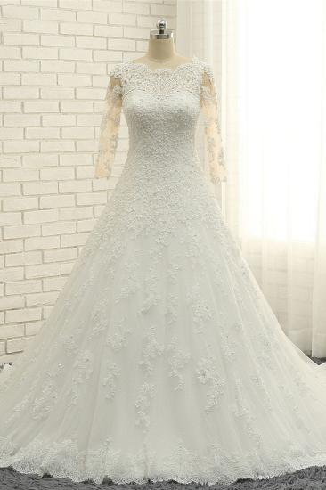 Bradyonlinewholesale Elegant A-Line Jewel White Tulle Lace Wedding Dress 3/4 Sleeves Appliques Bridal Gowns with Pearls_6