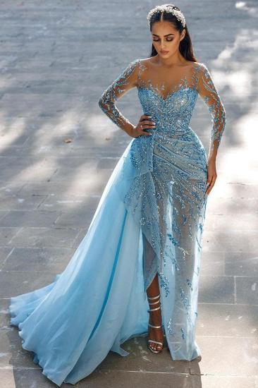 Sky blue Sweetheart Sparkle Crystals Long Prom Dress with Side Sweep Train