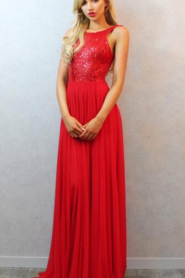 Elegant Sequined Long Backless Red Prom Dress Open Back Sexy Evening Dress