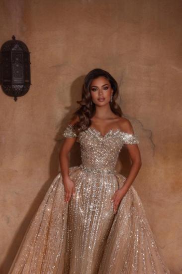 Champagne Sparkly Off Shoulder A Line Long Prom Dresses_4
