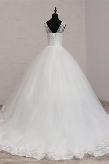 Bradyonlinewholesale Ball Gown V-Neck White Tulle Wedding Dresses Sleeveless Lace Appliques Bridal Gowns with Beadings_2