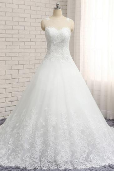 Bradyonlinewholesale Chic White A-line Tulle Wedding Dresses Jewel Sleeveless Ruffle Bridal Gowns With Appliques On Sale