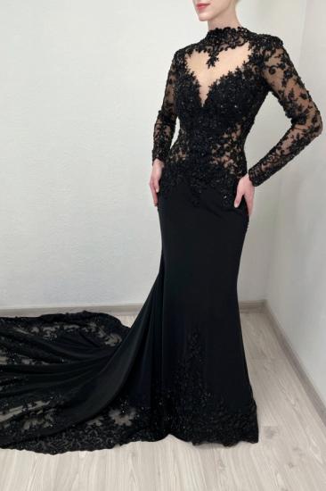Black High-neck Appliques Lace Long Sleeve A-Line Wedding Dresses_1