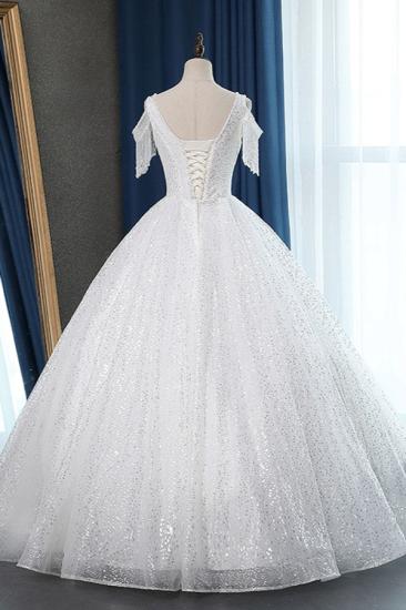 Bradyonlinewholesale Sparkly Sequins White Tulle Ball Gown Wedding Dress Cold-Shoulder V-Neck Bridal Gowns with Tassels On Sale_1