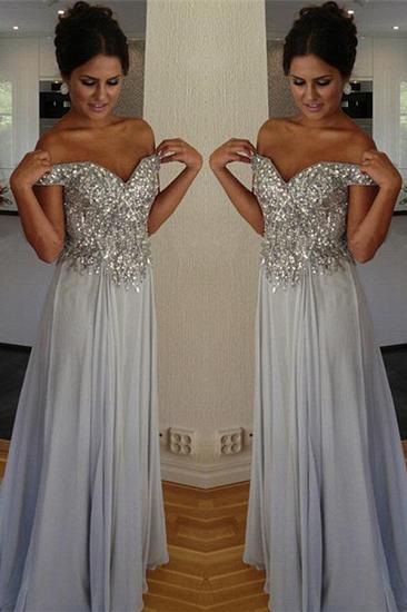 Off The Shoulder Silver Beaded Sequins Evening Dress Chiffon A-line Prom Dresses_2