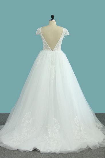 Bradyonlinewholesale Elegant Jewel Tulle Lace Wedding Dress Short Sleeves Appliques Ruffles Bridal Gowns Online_2