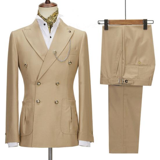 Simple Champagne Peaked Lapel Double Breasted Chic Men Suits_2