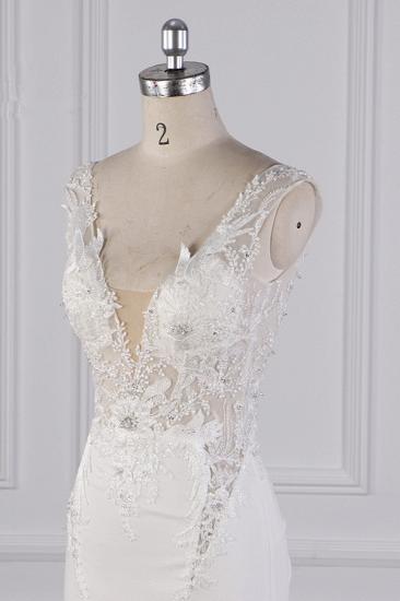 Bradyonlinewholesale Glamorous Mermaid Satin Sleeveless Wedding Dress White Lace Appliques Bridal Gowns with Beadings On sale_4