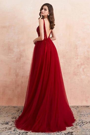 Luxury Burgundy V-Neck Beading Tulle Appliques Prom Dress A-line Side Split Evening Dress_3