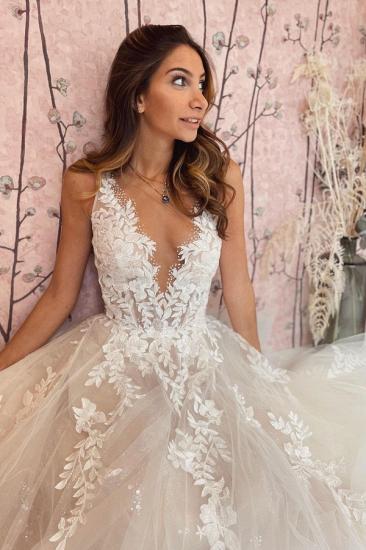Glamorous V Neck Floral Tulle Wedding Dress Sleeve Aline Bridal Dress_6