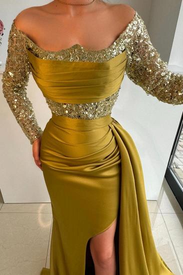 Off-the-shoulder Long Sleeve Sequins Mermaid Prom Dresses Split Front_2