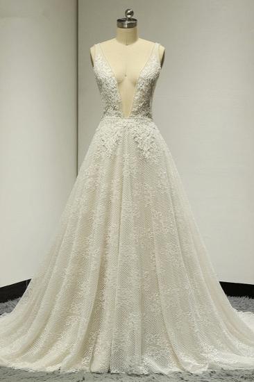 Bradyonlinewholesale Sexy Tulle Deep-V-Neck Lace Wedding Dress Sleeveless Appliques Pearls Bridal Gowns On Sale_1
