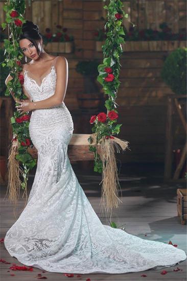 Sexy V-neck Mermaid Wedding Dresses Long Unique Lace Ope Back Tulle Straps Bridal Gowns_1