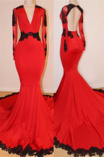 Open Back Red Prom Dresses with Black Lace Appliques | V-neck Long Sleeve Sexy Mermaid Graduation Dress_1