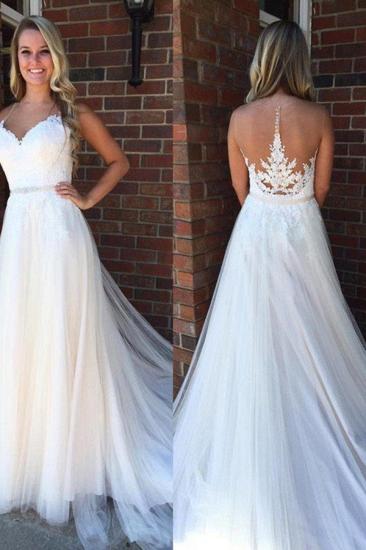A-Line Applique Court Train Sleeveless Tulle Scoop Wedding Dresses
