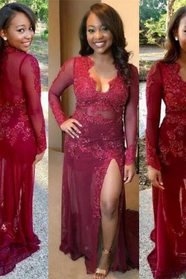 2022 Sexy See Through Lace Prom Dress | Long Sleeve Side Slit Burgundy Evening Gown_2