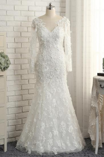 Bradyonlinewholesale Glamorous White Mermaid Lace Wedding Dresses With Appliques Longsleeves Jewel Bridal Gowns On Sale