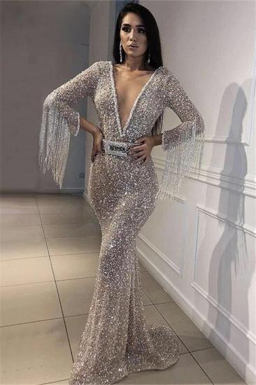 Luxury Deep V-Neck Mermaid Evening Dresses | Long Sleeves Sequins Crystal Prom Dresses with Tassels_2