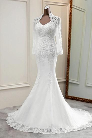 Bradyonlinewholesale Elegant Long Sleeves Lace Mermaid Wedding Dresses Appliques White Bridal Gowns with Beadings_4
