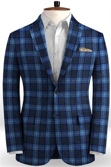 Custom Blue Plaid Linen Mens Suit | Two Piece Formal Business Tuxedo_1