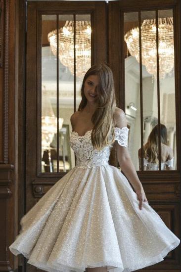 Fashion Off Shoulder Lace Applique Short Wedding Dress Sequin Sequin Bridal Dress_1