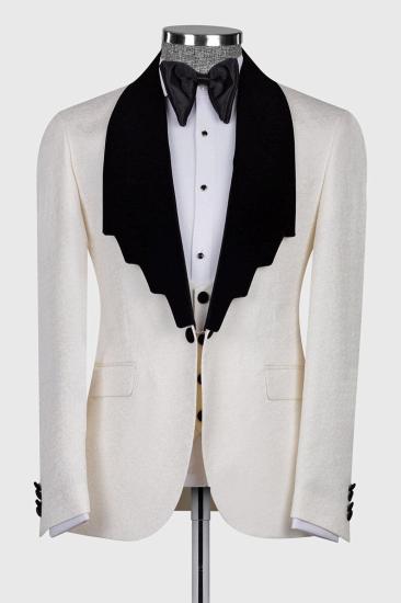 Tsui Ivory Jacquard Zigzag Black Lapel 3 Piece Groom Wedding Suit
