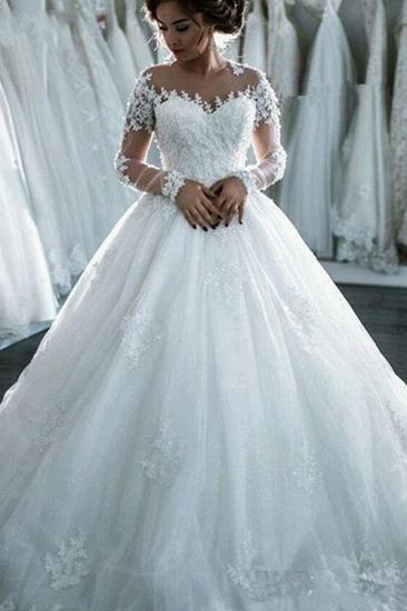 Sheer Lace Long-Sleeves Beaded Ball-Gown Wedding Dresses_2