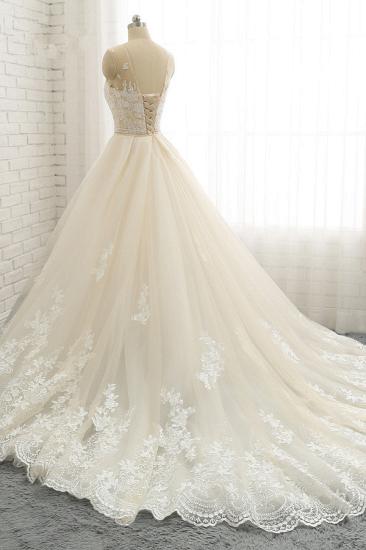 Bradyonlinewholesale Glamorous Jewel Tulle Champagne Wedding Dress Appliques Sleeveless Overskirt Bridal Gowns with Beading Sash Online_4
