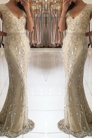 Elegant Champagne V-Neck Long Evening Dresses | Lace Crystal Mermaid Prom Dresses_2