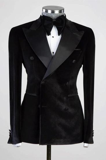 Tab Black Peaked Lapel Double Breasted Velvet Prom Suits_1
