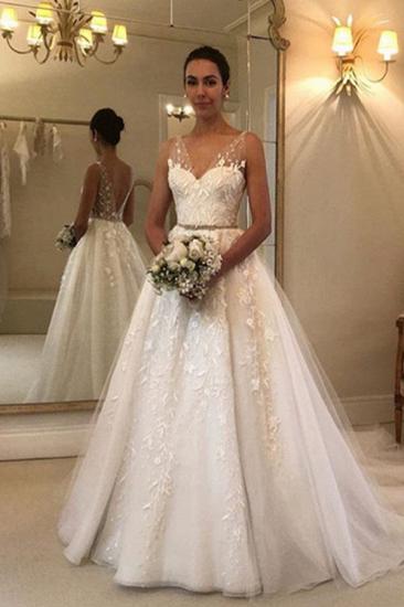 V-Neck Sweetheart Lace Appliques Sleeveless Wedding Dress with Sweep Train |  Floor Length Bridal Dress_1