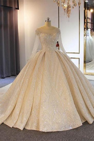 Gorgeous Shiny Sequins Sheer Tulle Wedding Dresses | Beads Long Sleeve Ball Gown Bridal Gowns Online_1