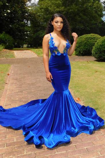 Glamorous Blue V-Neck Spaghetti Strap Prom Dress | Floral and Ground Mermaid Prom Dress_2