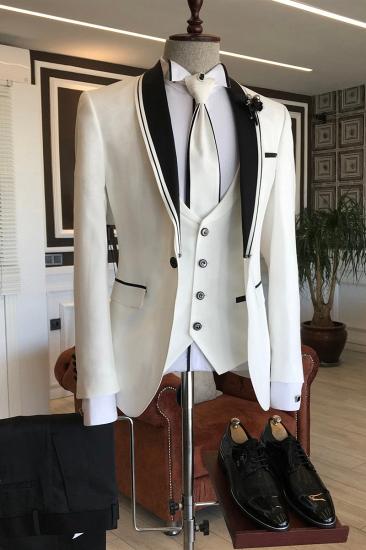 London White Slim Fit Bespoke Wedding Mens Suits with Black Shawl Lapel_2