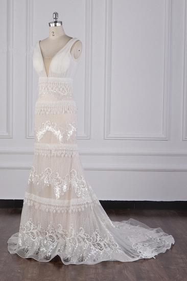 Bradyonlinewholesale Gorgeous V-Neck Tulle Beadings Wedding Dress Sheath Seuqined Bridal Gowns with Tassels On Sale_3