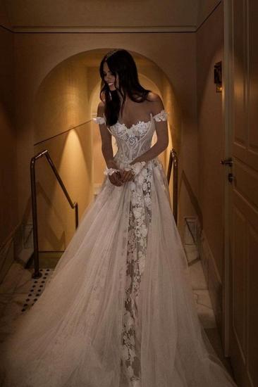 Off-Shoulder Printed Lace-Tulle Floor-Length Wedding Dress