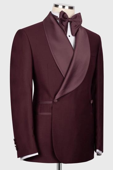Chiong Satin Shawl Lapel Slim Fit Burgundy Prom Outfits Wedding Suit_2
