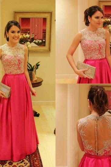 Elegant Satin A-Line Prom Gowns Appliques Floor Length Evening Dresses with Buttons_2