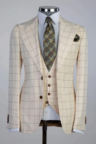 Primo Apricot Peaked Lapel Three Pieces Plaid Prom Suits_1