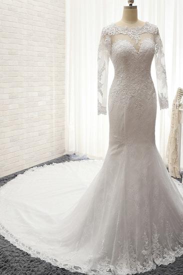 Bradyonlinewholesale Stunning Jewel Long Sleeves Tulle Lace Wedding Dress Mermaid Jewel Appliques Bridal Gowns On Sale_3