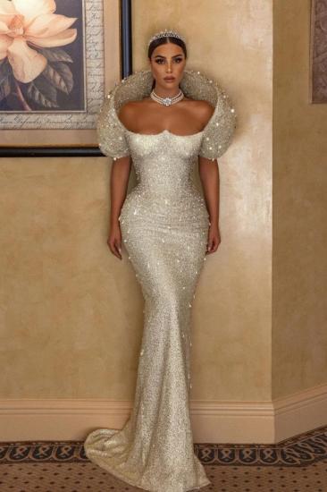 Charming Glitter White Mermaid Wedding Dress Sequins Long Bridal Gown_1