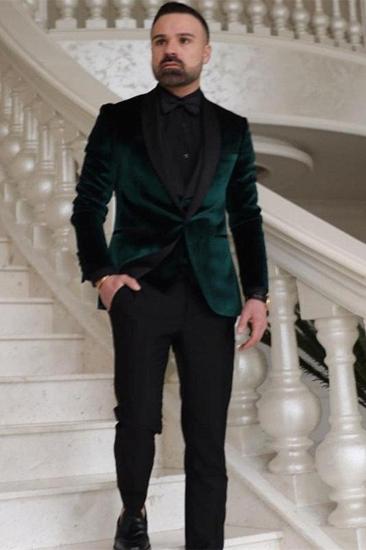 Dark Green Velvet Three Piece Fashion Shawl Lapel Wedding Groom Suit_2