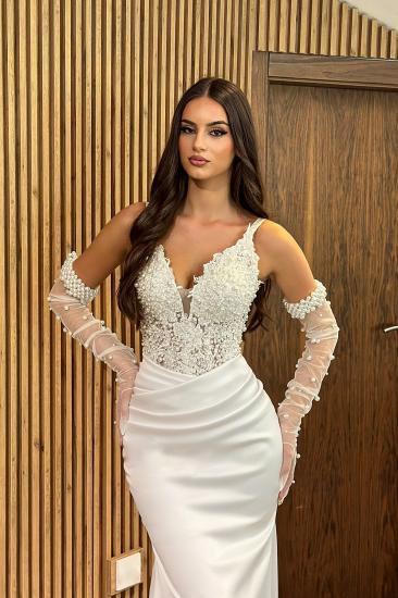 Sexy Wedding Dress V Neck Mermaid Style Wedding Dress Satin with Pearls_4