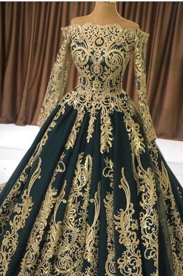 Luxury Off Shoulder Long Sleeves Gold Appliques Evening Gown_3